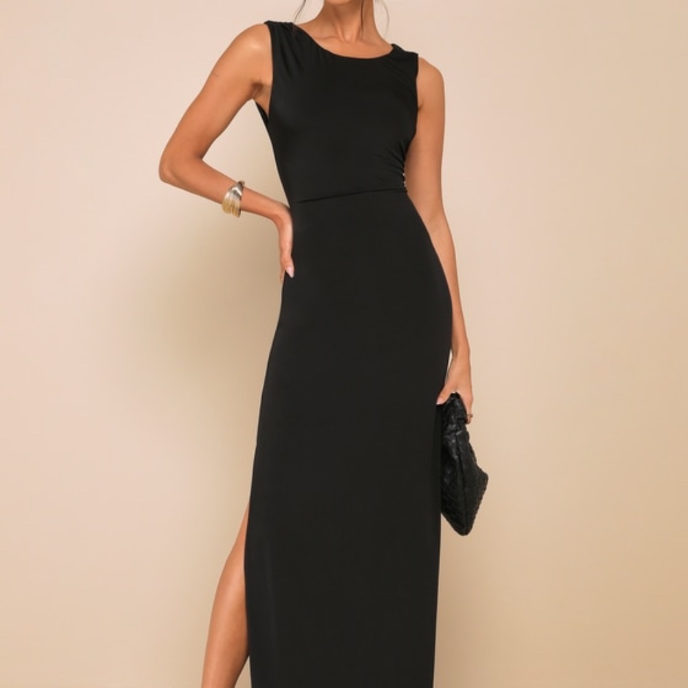 Lulus Significant Allure Black Slinky Knit Ruched Maxi Dress - Size S